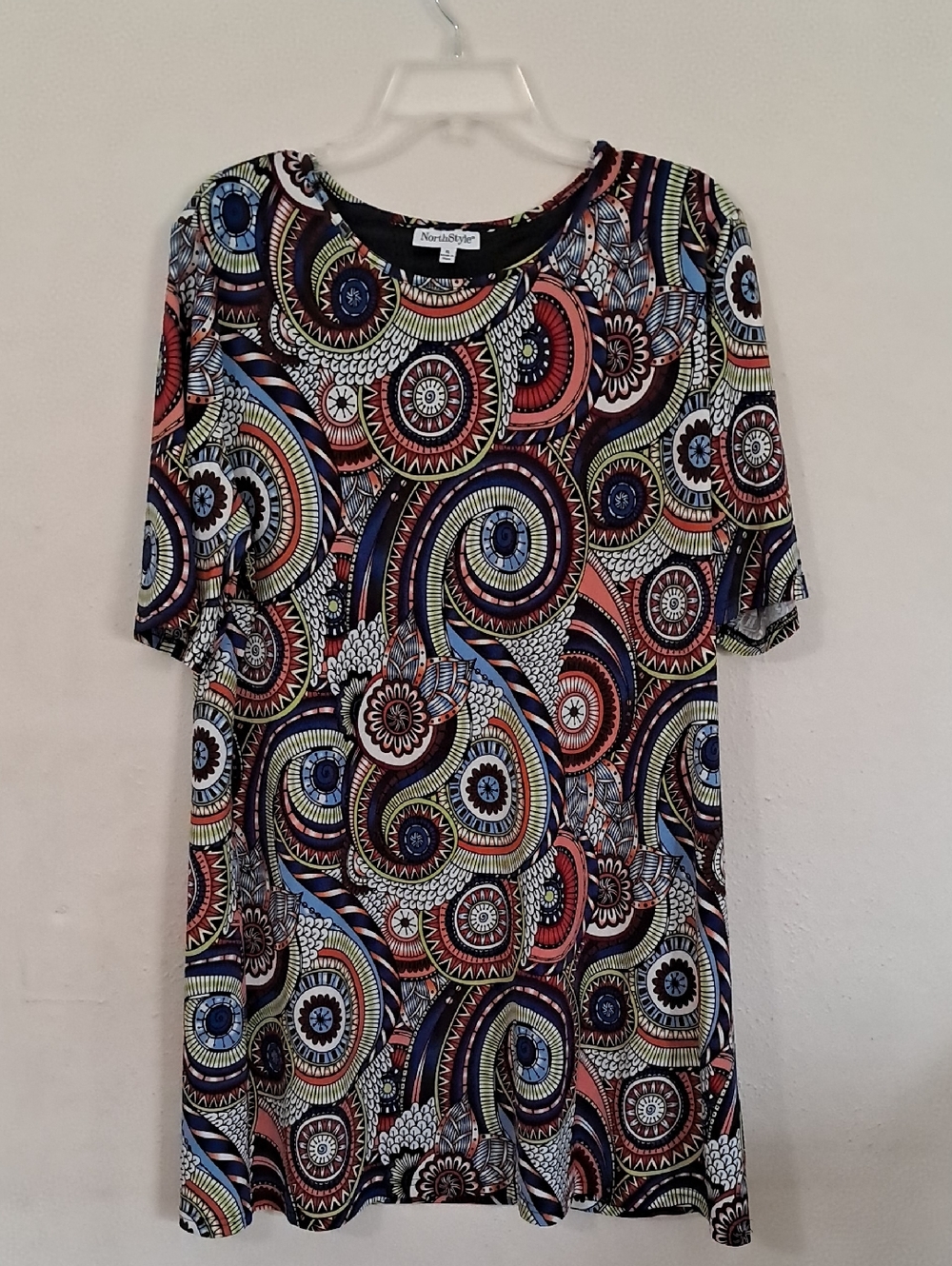 NorthStyle Women's Size XL Navy Coral Cream Patterned Short-Sleeve Dress